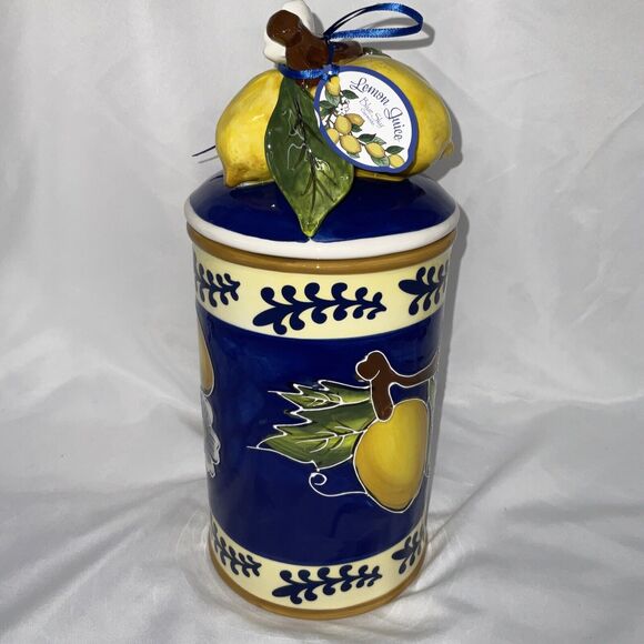 NWT BLUE SKY CLAYWORKS LEMON JUICE BLUE YELLOW WHITE SMALL CANISTER COOKIE JAR - Picture 3 of 8